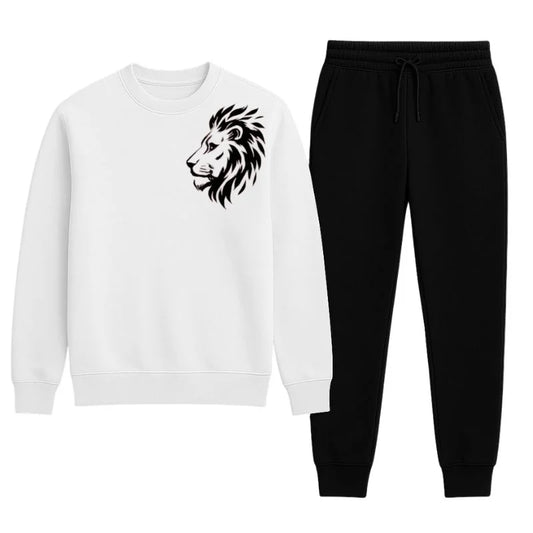 LION Printed White Tracksuit Sweatshirt & Trouser | Warm & Comfortable Winter Wear | XL