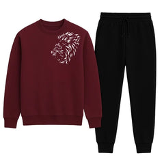 LION Printed Maroon Tracksuit Sweatshirt & Trouser | Warm & Comfortable Winter Wear | XL