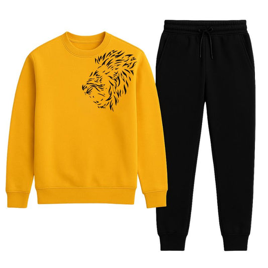 LION Printed Yellow Tracksuit Sweatshirt & Trouser | Warm & Comfortable Winter Wear | Large