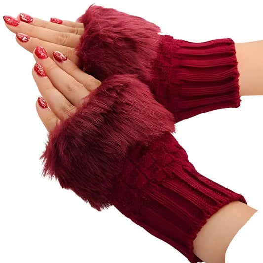 Women’s Faux Fur Fingerless Knitted Gloves | Warm Winter Hand Wrist Warmers | Soft, Stylish & Comfortable | Maroon