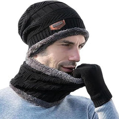 Winter Wool Cap with Neck Warmer Set | Thermal Beanie & Scarf Combo for Men and Women | Black And Gray